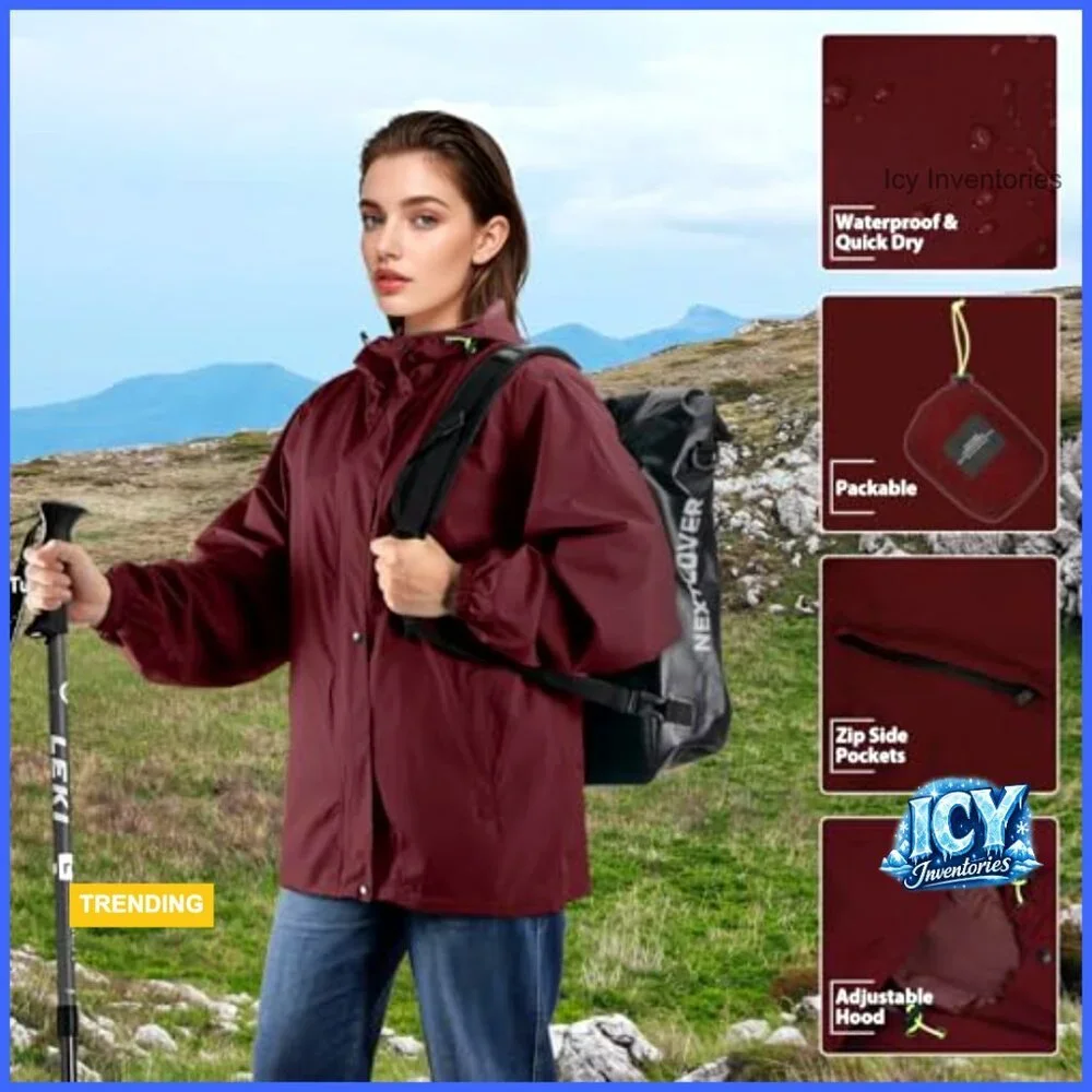 Lightweight Waterproof Rain Jacket with Hood, Packable Windbreaker